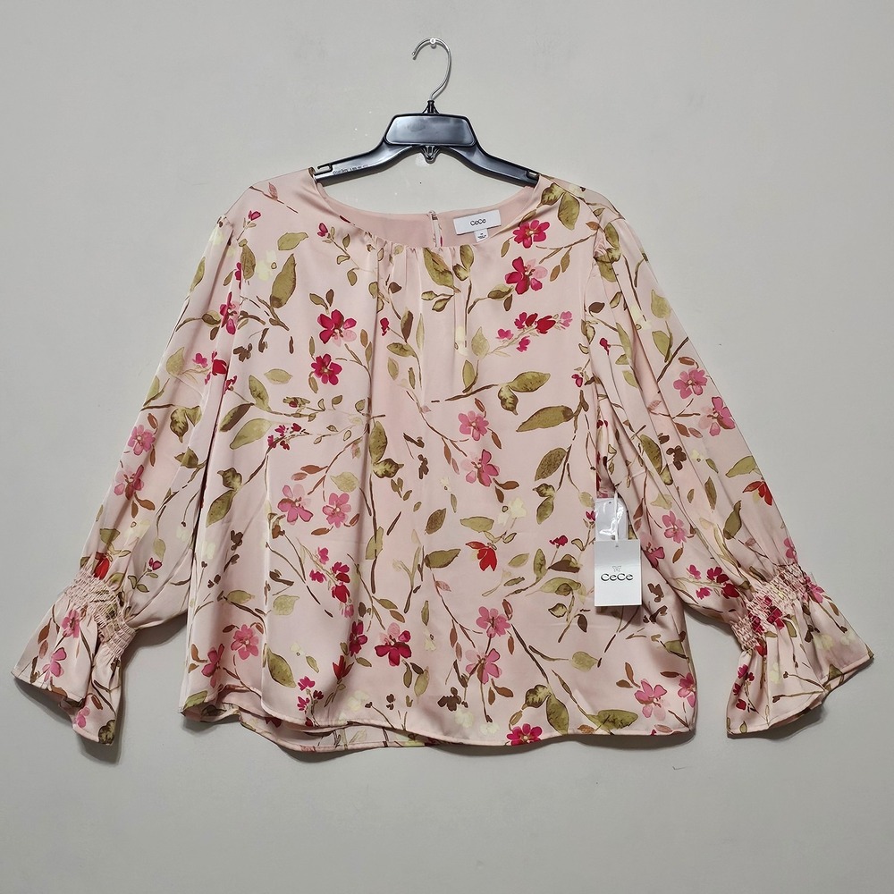 CeCe Womens Top Blouse 3X Peach Pink Green Floral Multicolor‎ Round Neck  0681